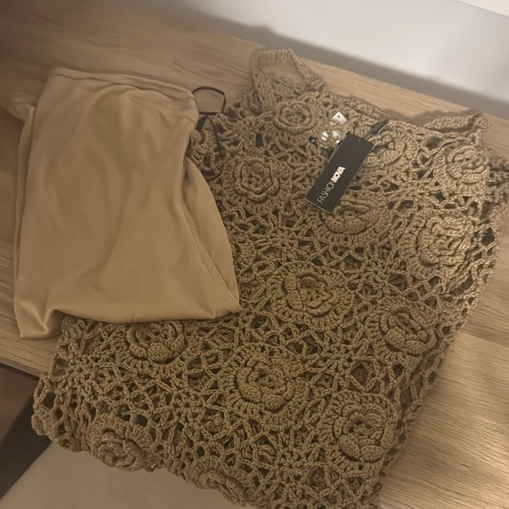 Crochet knit dress or swimsuit coverup - Tan